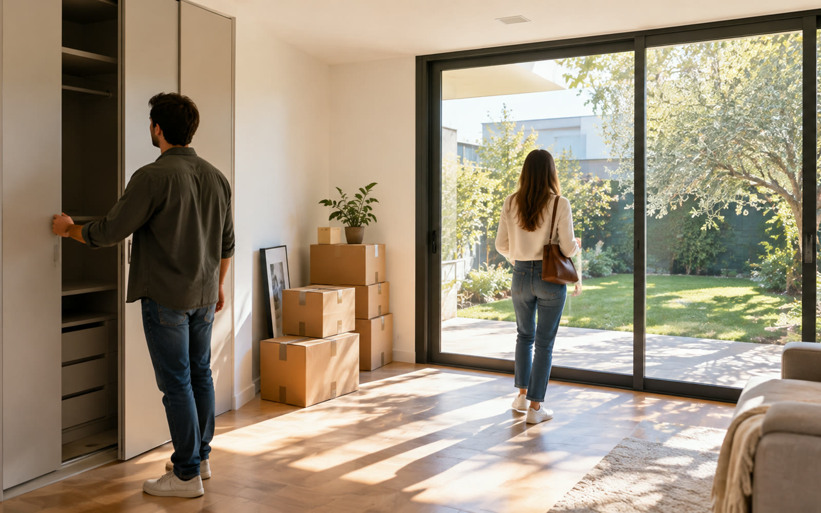 Una compradora frente a una casa que va a visitar